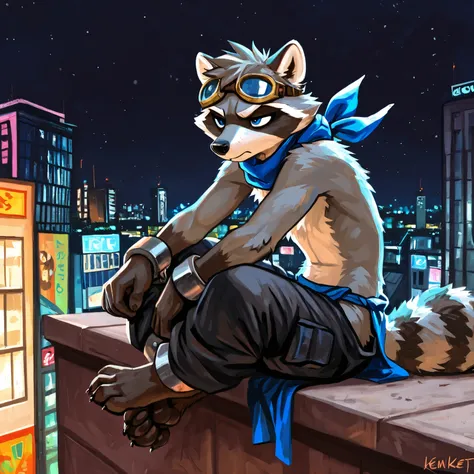 solo, furry, furry, raccoon, grey body, spiked brown hair, Detailed body fur, long blue scarf, , black baggy pants, blue loincloth, goggles, masterpiece, gray body, Detailed face, big eyebrows, blue eyes, detailed eyes, No muscles, Detailed hands, Flat bod...