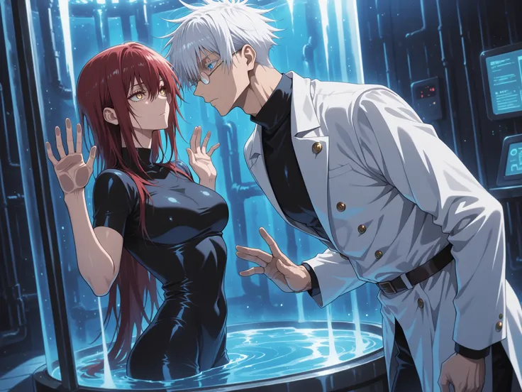 1 girl, ((female focus)), ((Lora:Shana Ryu:1)), golden eyes, ((red hair)), very long red hair, (medium breasts), (golden eyes) very cute, RED long hair, is trapped in a huge stasis tank, laboratory tank, hands placed against the glass, filled with light...
