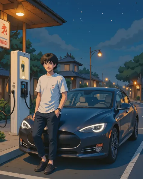 "A young man with a confident smile, casually leaning against a sleek black electric car at a charging station at night. The scene is illuminated by warm streetlights, with a deep blue starry sky above. The art style is inspired by Studio Ghibli, featuring...