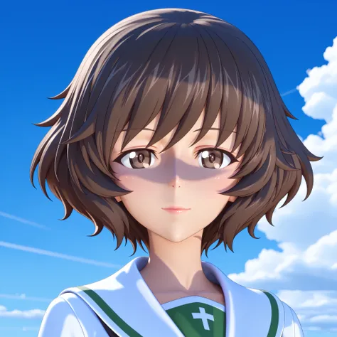 SFW, 8k, colorful, 3d , realistic, 3d render, realistic shadow, Masterpiece, very aesthetic, elegant mature woman, Akiyama Yukari (girl und panzer), oarai school uniform (white), blue sky and anime clouds backgrounds, looking at viewer, , 