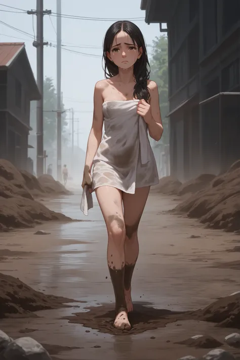 Full body photograph of a woman with messy and dirty long black hair and brown eyes, naked walking along the side of a dirt road.  And a dirty body of mud, crying in dismay, intimate parts visible. lace towel, very detailed, perfect anatomy, Focus on the s...