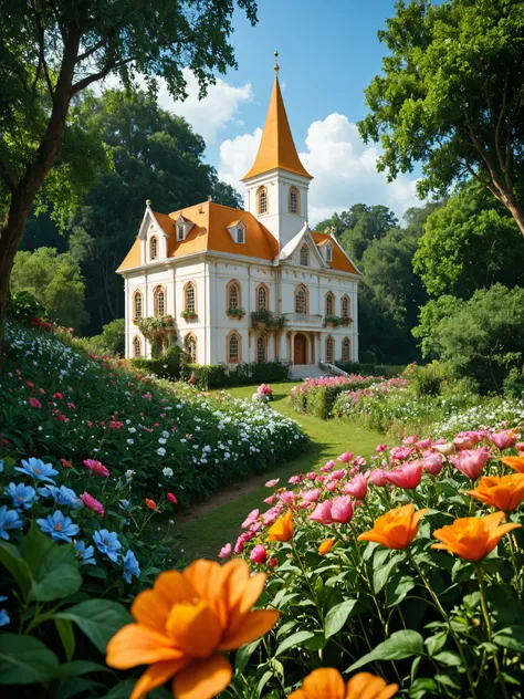 A shot from the film "Bax, gehst du Corvina?" A meticulously detailed, hyper-realistic, sharp shot depicting an orchestra in front of a huge, ornate golden Baroque building overlooking a lush valley filled with flowers and trees, the distant sea and a city...