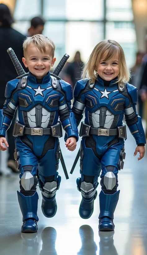 character: 1 baby boy, and 1 baby girl. They Blonde hair With open chest.
action: Walk straight and look straight ahead.
Expression : smiling.
Costume : they Wearing futuristik blue captain america with white Gundam armor. Each of them has two katana s...