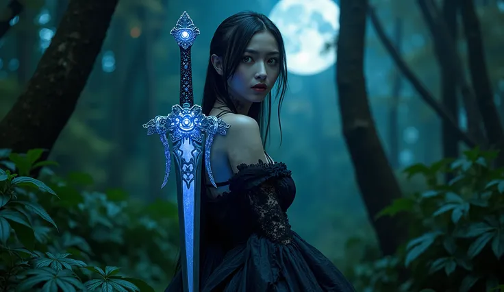 In a beautiful forest at night、beautiful light blue sword with beautiful light blue details、beautiful light blue sword with black details、bright sparkling yellow eyes、Rounded ass、beautiful light blue sword with beautiful light blue details {x} big and thic...