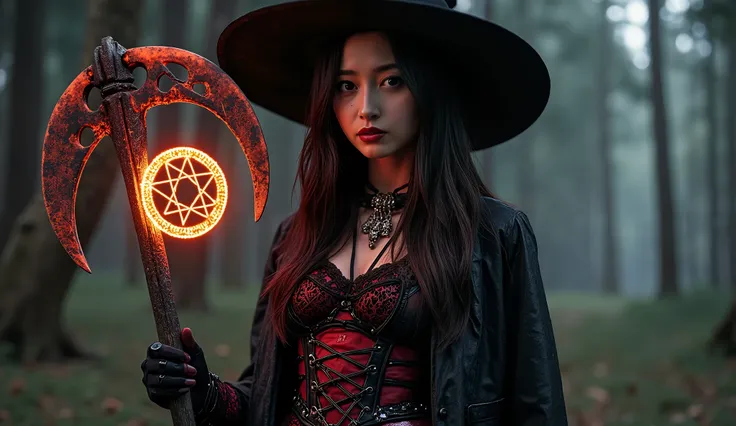 Dark Souls Epic , elden ring depicting her occult theme 、 tall, emo super pale witch 、 gothic angry woman wearing a witch hat , Black Velvet , race, fishnet and scarlet or purplish leather, accessorized with tightly raced corsets, gloves, platform boot...