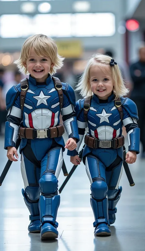 character: 1 baby boy, and 1 baby girl. They Blonde hair With open chest.
action: Walk straight and look straight ahead.
Expression : smiling.
Costume : they Wearing futuristik blue captain america with white Gundam armor. Each of them has two katana s...