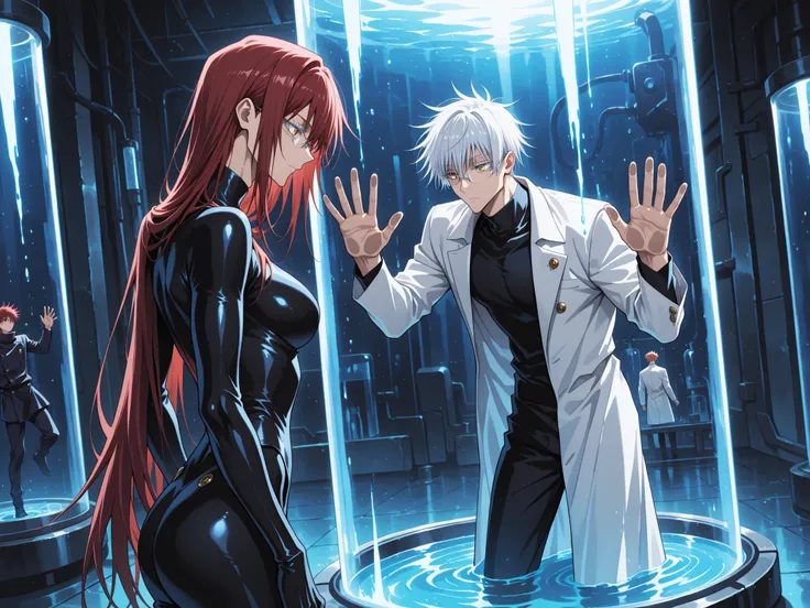 1 girl, ((female focus)), ((Lora:Shana Ryu:1)), golden eyes, ((red hair)), very long red hair, (medium breasts), (golden eyes) very cute, RED long hair, is trapped in a huge stasis tank, laboratory tank, hands placed against the glass, filled with light...