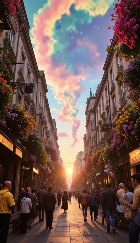 highdefinition images 、Milan's Streets、 people looking down、 Flowers and trees々The beautiful city of、Magical Beings and Mysterious Colors Hidden in Tree Branches 、 8k 、 ( High Quality Seven Colored Flowers ) A City Full of Fantasy 、 Milan's Soft Sunris...