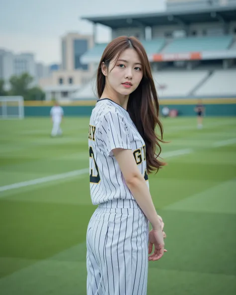 1girl , standing in the middle of green yard at stadium, (清楚で超 beautyな巨乳の韓国人美女がメジャーリーグチームのユニフォームを着て立っている:1.2)(Laughing whistling :1.2)(汗ばんだbeautiful skin:1.1)(16k, RAW photos , top quality, masterpiece: 1.2),(Beautiful line hair cut:1.1) Super Detail, sup...