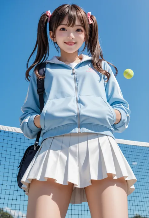 An amazingly cute Japanese girl is hitting back a tennis ball with a tennis racket in tennis wear at school club activities 、(The line of sight is on the opponent's coat)、 (wearing Japanese tennis wear on the school tennis court), (純白色のundercoat that stand...