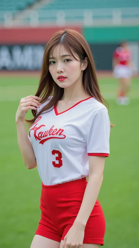 1girl , standing in the middle of green yard at stadium,sexy pose, ((full body)), beautiful woman, (gorgeous huge breasts :1.5),(sagging breasts), (Lighted up baseball field:1.1) (wear), high school girl ,(Young beautiful woman)( beauty:1.1)(Baseball team...