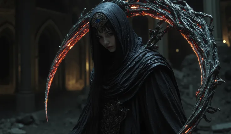 dark-haired woman in a black dress , Have, Carried with a scythe、 characters of the most beautiful woman in the world reaper "em" The inscribed , dark fantasy, gothic, Dramatic Lighting, movie, details portrait, chiaroscuro, Dramatic Poses, Complex cl...
