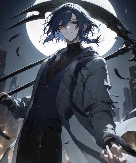 score_9, score_8_up, score_7_up, masterpiece, best quality, detailed face, detailed eyes, 1 boy, solo, beautiful, moderate chest, mature, light makeup, handsome, cool
Short hair, dark blue hair, long side bangs, low medium ponytail, low medium silver bra...