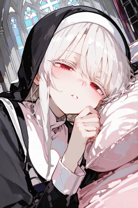 White-haired, red-eyed nun lying on her side, charming, lying on a white bed, refining her face, white lashes, background, church color, filter, pink and tender