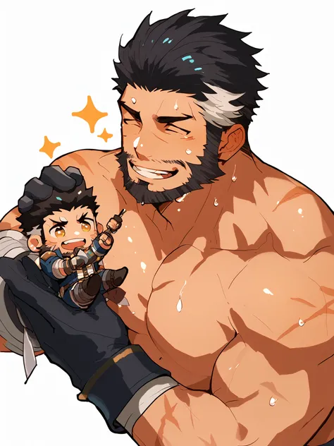 boy, short hair, black hair, white streak, Gloves , scar,'s only, beard, unclothed, Mini , cute,topless,Akimbo,Sweat,Smile, chibi