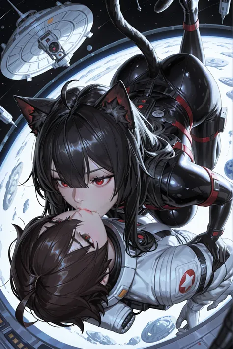 Absurd resolution, high resolution, (masterpiece:1.4), ultra-detailed, artwork in the style of guweiz, 1girl big breasts, ((cat girl)) (( black hair, Ahoge, straight bangs,, hair between eyes,)), Long hair, ((beautiful red eyes)) sharp eye, Beautiful skin,...