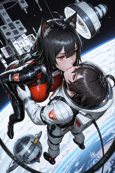 Absurd resolution, high resolution, (masterpiece:1.4), ultra-detailed, artwork in the style of guweiz, 1girl big breasts, ((cat girl)) (( black hair, Ahoge, straight bangs,, hair between eyes,)), Long hair, ((beautiful red eyes)) sharp eye, Beautiful skin,...
