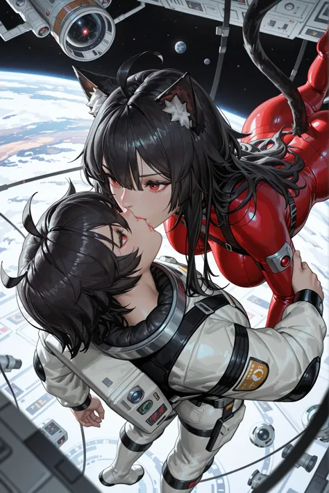 Absurd resolution, high resolution, (masterpiece:1.4), ultra-detailed, artwork in the style of guweiz, 1girl big breasts, ((cat girl)) (( black hair, Ahoge, straight bangs,, hair between eyes,)), Long hair, ((beautiful red eyes)) sharp eye, Beautiful skin,...