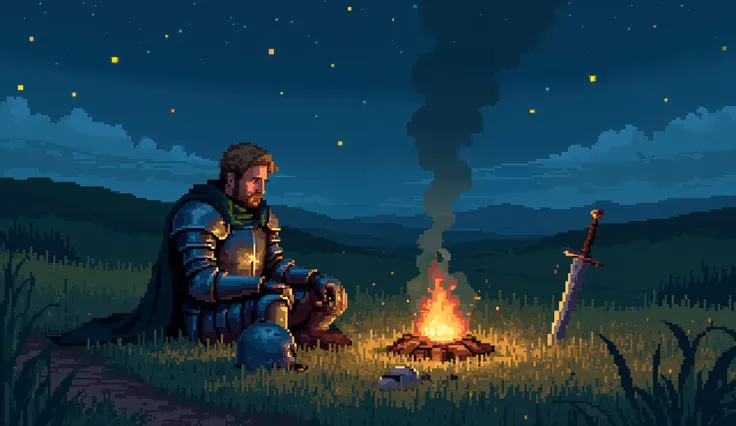 A lone medieval knight sits on a grassy field at night, resting beside a small, crackling bonfire. His armor is battle-worn, reflecting the warm glow of the fire. A tattered dark green cape drapes over his shoulders as he leans forward, lost in thought. Hi...