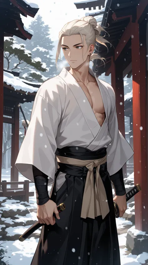 solo, 1boy, holding, closed mouth, jewelry, standing, male focus, weapon, outdoors, earrings, japanese clothes, day, sword, kimono, holding weapon, hair bun, tree, looking to the side, sash, holding sword, pectorals, katana, sheath, hakama, hakama skirt, s...