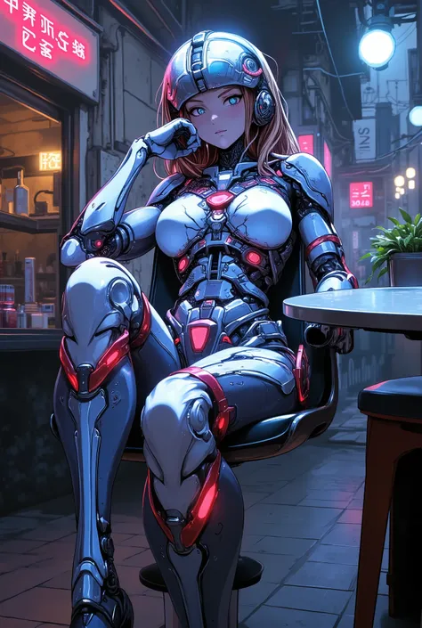 女性用universe活動服, cybernetics suit, take off your helmet, On a chair in a cafe,Detailed Equipment, life support device, Equipment Features Beauty, Curvy Suit, Terraformed Earth, immigrant cityscape, neon light street, Stagnant Air , universe, (Actions, Immig...