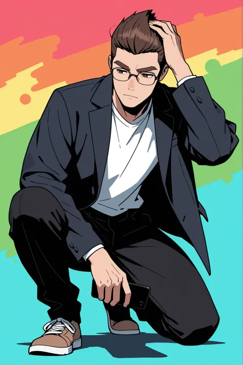 (best quality:1.1), (ultra-detailed), best illustration, (portrait:1.1), (cartoon drawing), oung man, (((boy))), alone, (medium quiff brown hair), (brown eyes with detailed prescription glasses with a black frame), (brown eyebrows), (wearing a shirt and a ...