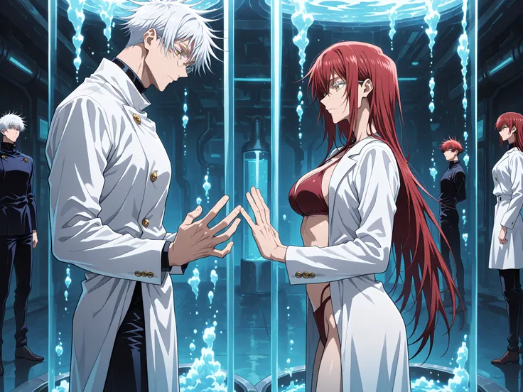 1 man, ((male focus)), Gojo Satoru, Jujutsu Kaisen, white hair, white short hair, blue eyes, colored eyelashes, sexy man, handsome, muscular, trained body , glasses , professor , scientist , professors coat , long white coat , black tshirt , black pants ,s...