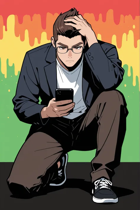(best quality:1.1), (ultra-detailed), best illustration, (portrait:1.1), (cartoon drawing), oung man, (((boy))), alone, (medium quiff brown hair), (brown eyes with detailed prescription glasses with a black frame), (brown eyebrows), (wearing a shirt and a ...