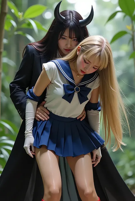 Hyperrealism, masterpiece, highest quality, A young Japanese woman is bending down and hugging from behind by a devil, ((she is crying and screaming in pain)), a bit of blood on her inner thighs, tears from her eyes, painful face, she is wearing a Sailor M...
