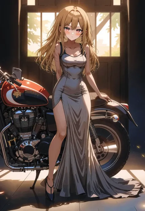 girl :(Raiko-chan), Cafe Racer is standing next to a motorbike that has been tuned up、 brown skin , small breasts in Mbini, yellow hair, , of the best quality, textured skin that you can grab with your knee, thin legs 、 High Heels、 movie light ef...