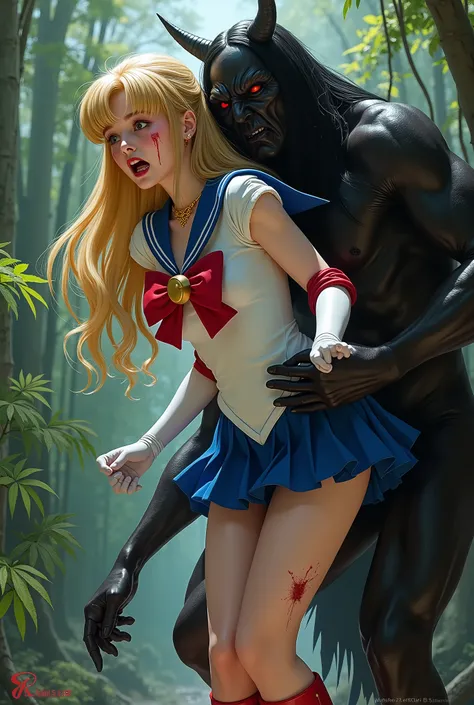Hyperrealism, masterpiece, highest quality, A young Japanese woman is bending down and hugging from behind by a devil, ((she is crying and screaming in pain)), a bit of blood on her inner thighs, tears from her eyes, painful face, she is wearing a Sailor M...