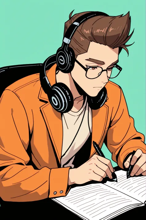 (best quality:1.1), (ultra-detailed), best illustration, (portrait:1.1), (cartoon drawing), oung man, (((boy))), alone, (medium quiff brown hair), (brown eyes with detailed prescription glasses with a black frame), (brown eyebrows), (wearing a shirt and a ...