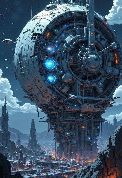 An epic sci-fi space colony built on a rocky planet, a view of the reflection of an alien sky-fi urban landscape on the front panel of a robot with perfect reflectivity, semi-realistic stylized digital author's art, manga style, cyber-futurism, cyber-punk,...