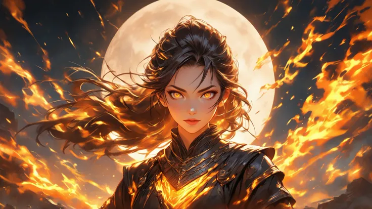 Semi-realistic digital painting of a fierce young woman with chestnut-brown hair, glowing orange and yellow eyes, gazing intensely at the viewer, illuminated by the soft moonlight, and the fire within her eyes. Set in a dramatic night sky with a full moon ...