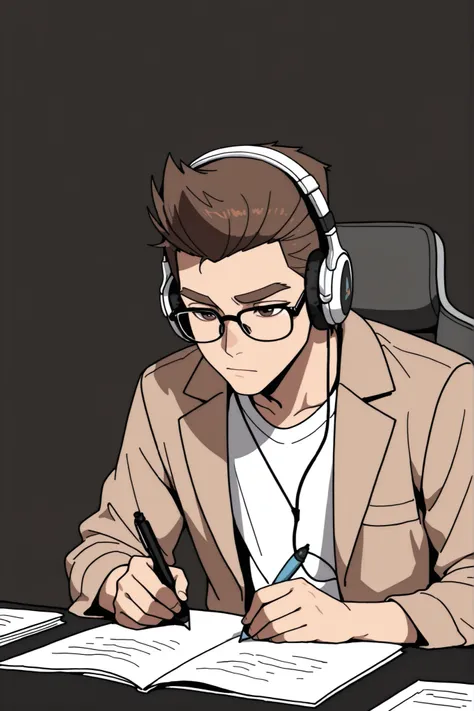 (best quality:1.1), (ultra-detailed), best illustration, (portrait:1.1), (cartoon drawing), oung man, (((boy))), alone, (medium quiff brown hair), (brown eyes with detailed prescription glasses with a black frame), (brown eyebrows), (wearing a shirt and a ...