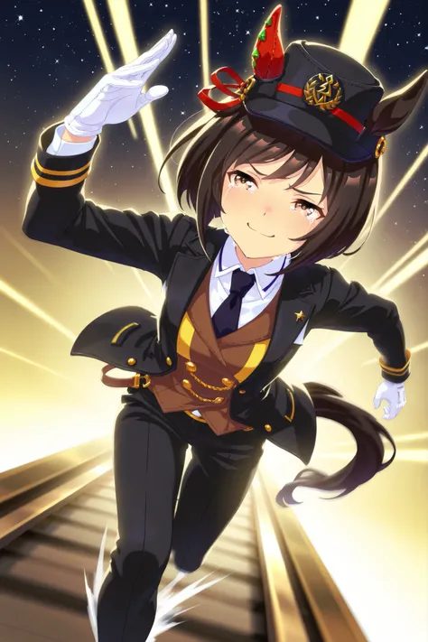 Solo,anime style,Dutch angle,Looking ahead,starry background,((dynamic pose,running on the Rail,motion blur)),red ear cover,BLACK HAIR SHORT BOB,brown eyes,railway peaks cap,lapel vest suit,White gloves,smug,happy tears,sobbing,umamusume,digital art