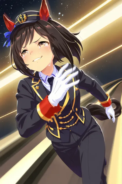Solo,anime style,Dutch angle,Looking ahead,starry background,((dynamic pose,running on the Rail,motion blur)),red ear cover,BLACK HAIR SHORT BOB,brown eyes,railway peaks cap,lapel vest suit,White gloves,smug,happy tears,sobbing,umamusume,digital art