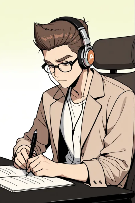(best quality:1.1), (ultra-detailed), best illustration, (portrait:1.1), (cartoon drawing), oung man, (((boy))), alone, (medium quiff brown hair), (brown eyes with detailed prescription glasses with a black frame), (brown eyebrows), (wearing a shirt and a ...