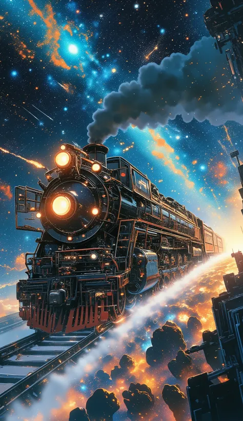 Galaxy Express 999, Leiji Matsumoto's masterpiece, passenger cars pulled by a steam locomotive traveling through space