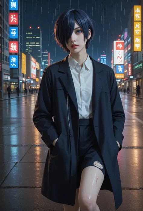 "A dark, rainy cityscape at night, with neon lights reflecting off the wet streets. In the center stands Touka Kirishima from Tokyo Ghoul, with a melancholic and contemplative expression, dark blue hair covering the left eye , dark blue eye,. She wears a l...
