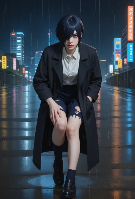 "A dark, rainy cityscape at night, with neon lights reflecting off the wet streets. In the center stands Touka Kirishima from Tokyo Ghoul, with a melancholic and contemplative expression, dark blue hair covering the left eye , dark blue eye,. She wears a l...