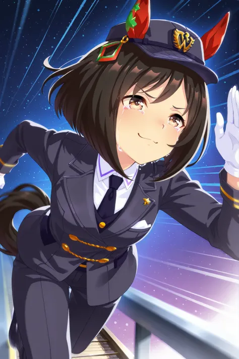 Solo,anime style,Dutch angle,Looking ahead,starry background,((dynamic pose,running on the Rail,motion blur)),red ear cover,BLACK HAIR SHORT BOB,brown eyes,railway peaks cap,lapel vest suit,White gloves,smug,happy tears,sobbing,umamusume,digital art