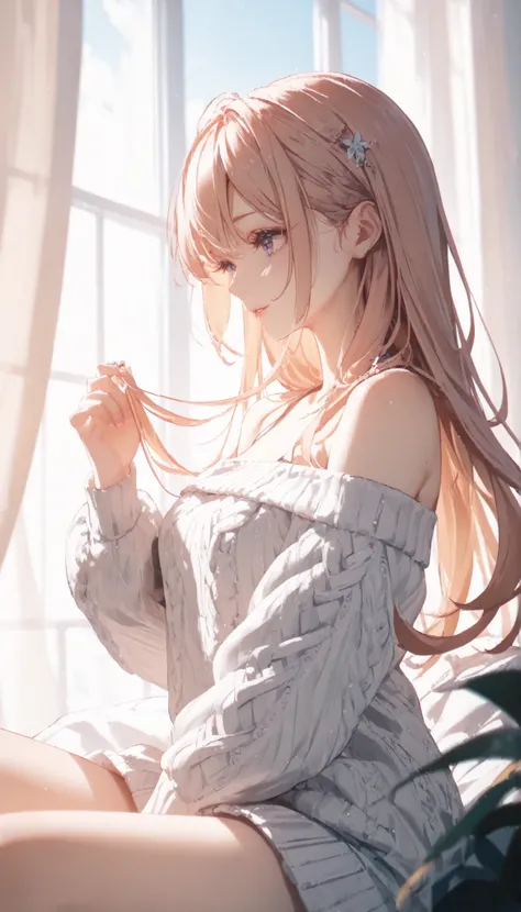 ((of the highest quality)), ((masterpiece)), ( details), 1 girl, off-shoulder sweater, 