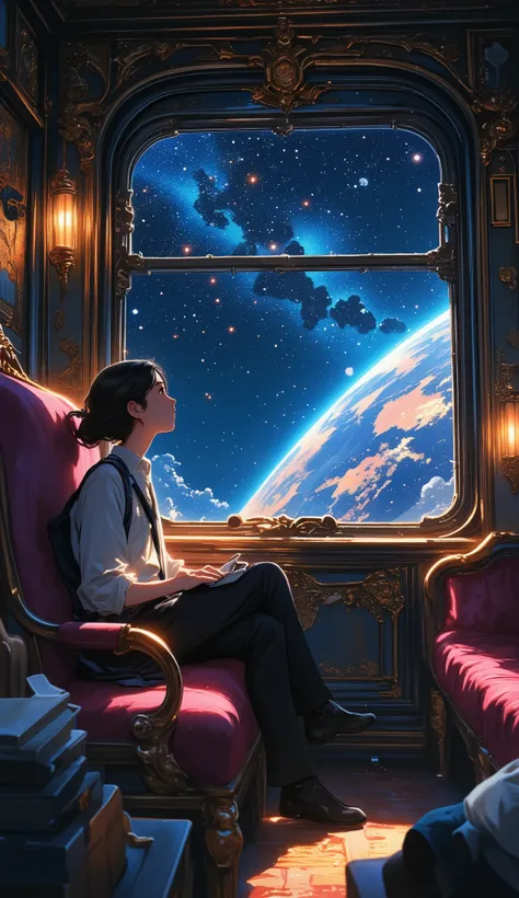 Galaxy Express 999, a masterpiece by Leiji Matsumoto, a passenger car pulled by a steam locomotive traveling through space, an interplanetary immigrant looking out the window in a passenger cabin