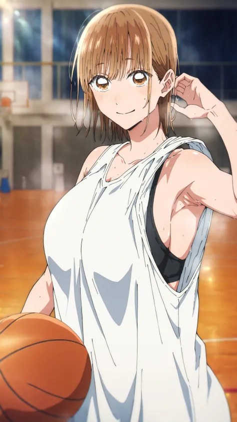     1 girl, Alone, Chinatsu,   Blurry Background,   brown eyes、  basketball uniforms in a bright gymnasium、   tank top、Bibs、黒いInner、Naked 、 medium 、   Huge breasts、 Armpits、 small 、Gym、smile、looking at viewer, masterpiece,  top quality,   High Quality ,   ...