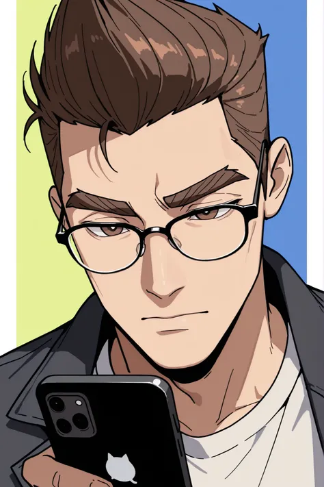 (best quality:1.1), (ultra-detailed), best illustration, (portrait:1.1), (cartoon drawing), oung man, (((boy))), alone, (medium quiff brown hair), (brown eyes with detailed prescription glasses with a black frame), (brown eyebrows), (wearing a shirt and a ...