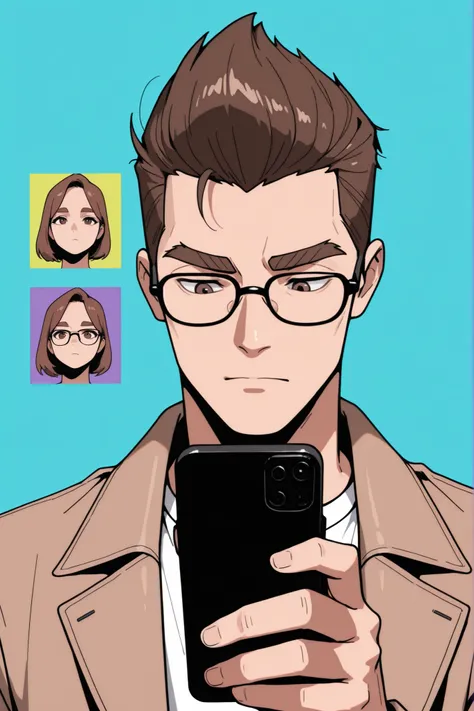 (best quality:1.1), (ultra-detailed), best illustration, (portrait:1.1), (cartoon drawing), oung man, (((boy))), alone, (medium quiff brown hair), (brown eyes with detailed prescription glasses with a black frame), (brown eyebrows), (wearing a shirt and a ...