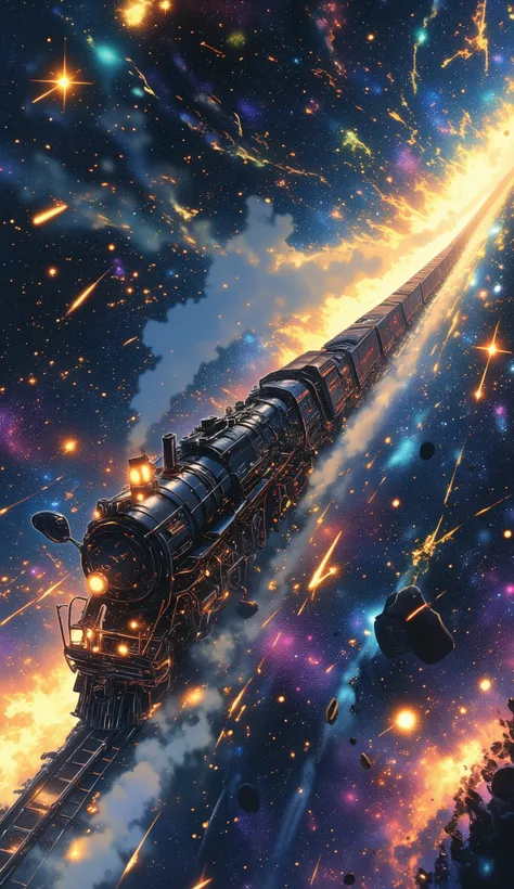 Galaxy Express 999, Leiji Matsumoto's masterpiece, passenger cars pulled by a steam locomotive traveling through space