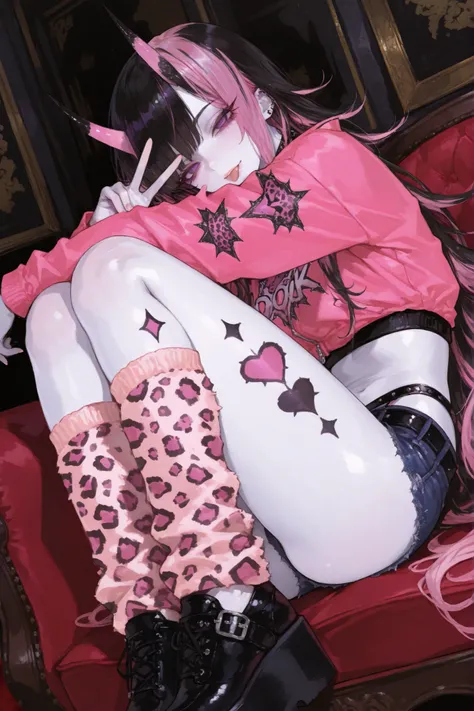 1 girl , looking at viewers , for cocky , Legs together , V , pink hair , Tongue , black hair, Two-tone hair , purple eyes , rest (masterpiece , Super Fine Illustration , very detailed , recent:1 . 3) , best quality , expressive eyes , perfect face , d...