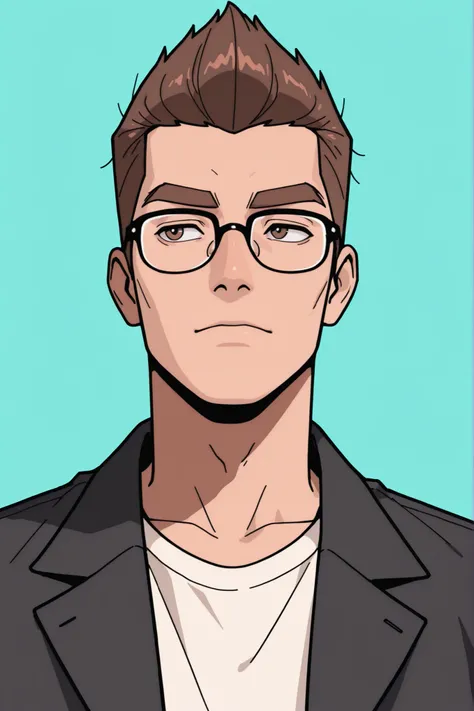(best quality:1.1), (ultra-detailed), best illustration, (portrait:1.1), (cartoon drawing), oung man, (((boy))), alone, (medium quiff brown hair), (brown eyes with detailed prescription glasses with a black frame), (brown eyebrows), (wearing a shirt and a ...